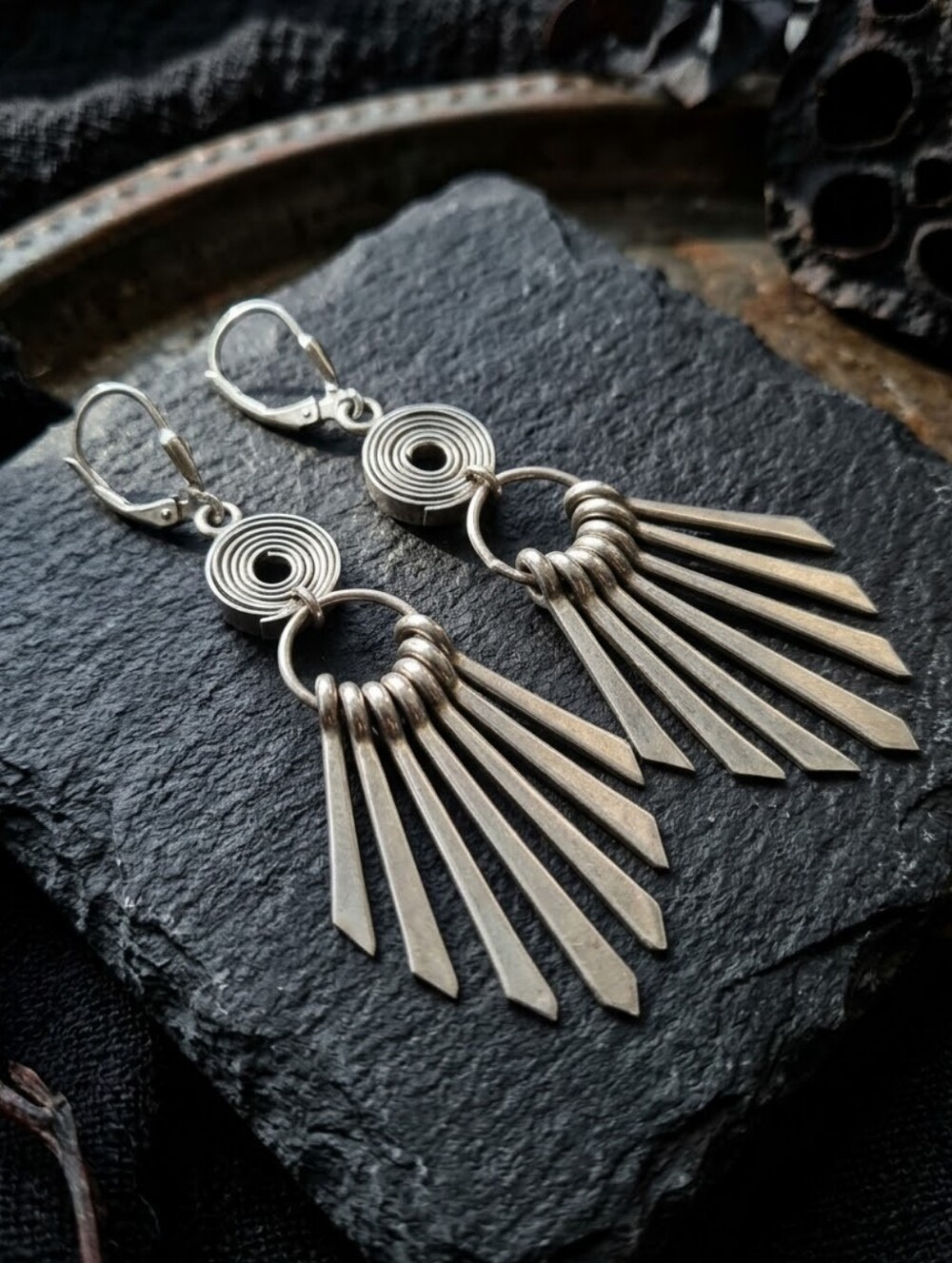 Vintage Artisan Sterling Silver Dangle Fringe Southwest Spiral Drop 925 Earrings